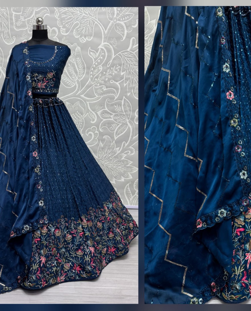 2811 - Beautiful Flower Pattern Blue Embroidery and Thread work design Partywear Lehengacholi 